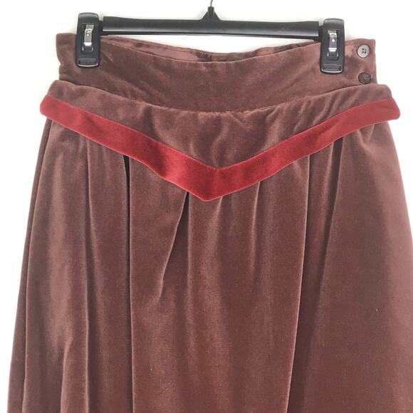 Vintage Linea V Midi Skirt Brown Velour Red V Waist Pockets Size 8 Made In USA - Picture 2 of 10